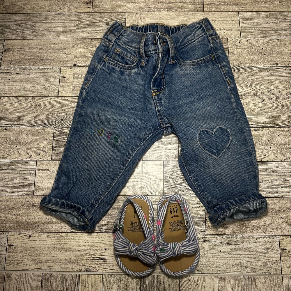 Old Navy Blue Kids Jeans with Heart Accent & GAP sandals.